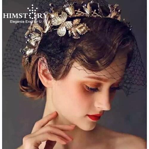 HIMSTORY Vintage Gold Leaf Headband Crown Blue Stones Headband Wedding Bridal Hairwear Hair Accessory