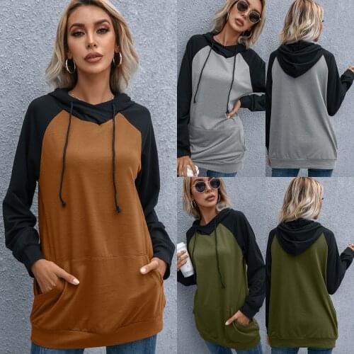 Hoodies Women Spring Autumn Color Matching Loose Pocket O-Neck Long Sleeve Sweatshirts Woman Clothing 2021 Oversize Itself Hoody