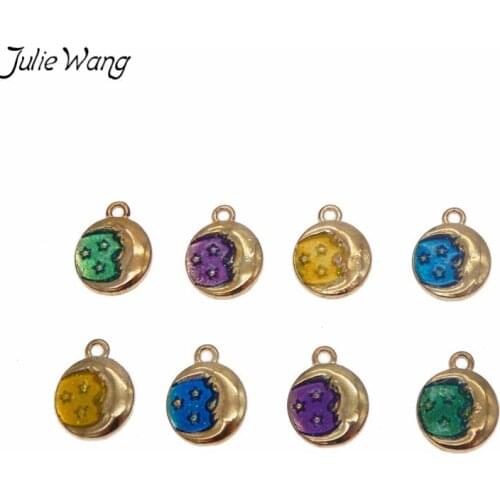 Julie Wang 8pcs Two Side Shiny Gold Color Crescent Moon Colorful Enamel with Stars Pendant Charm for DIY Women Earring Jewelry