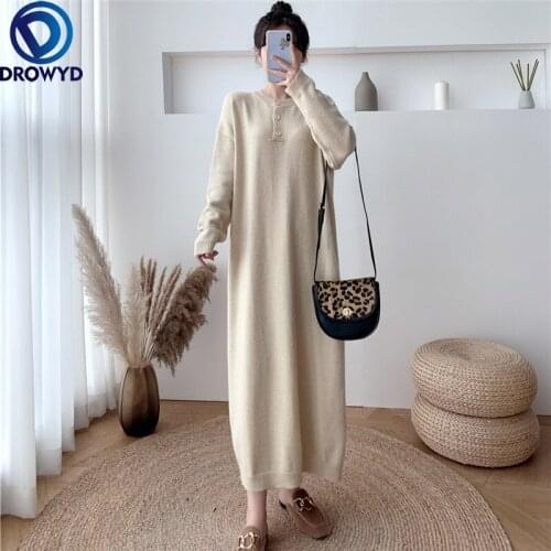 2021 Autumn and Winter Long Over-the-knee with Overcoat Knitted Dress Loose Sweater Dress Stretch Black O-neck Pullover Dresses
