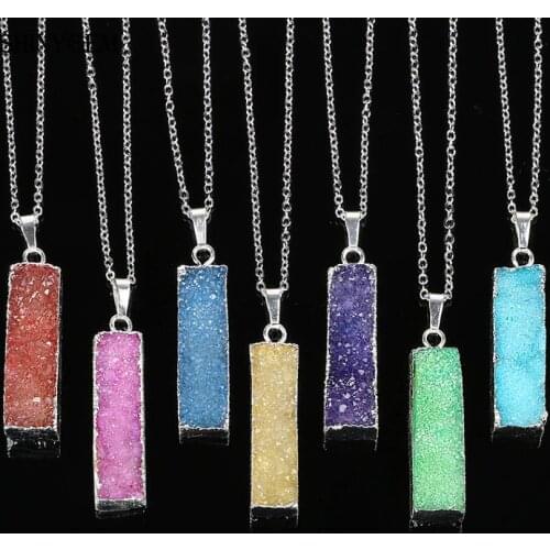ShinyGem Fashion Silver Plated Natural Crystal Druzy Pillar Pendant Necklace Colorful Sparkly Stone Necklaces For Women Wedding