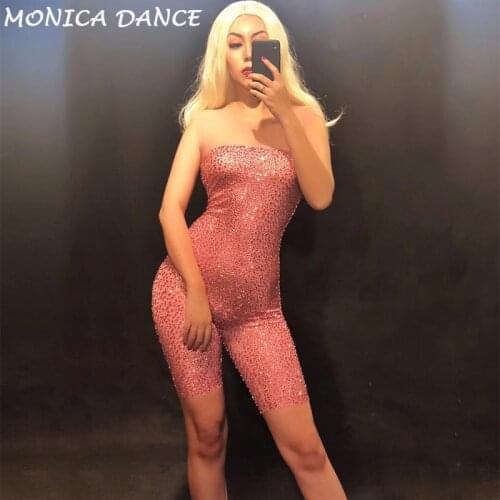Sexy Sparkly Rhinestones Stretch Sleeveless DJ Jumpsuit Women Stage Dance Show Outfit Birthday Celebrate Costume Stones Playsuit