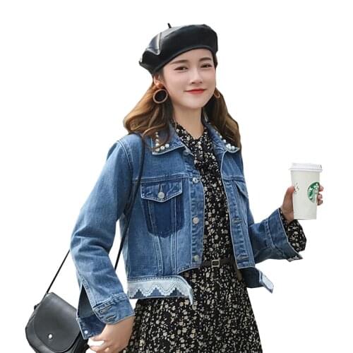 Plus size denim jacket female autumn spring new Korean loose womens lace short coat womens long-sleeved Tops overcoat