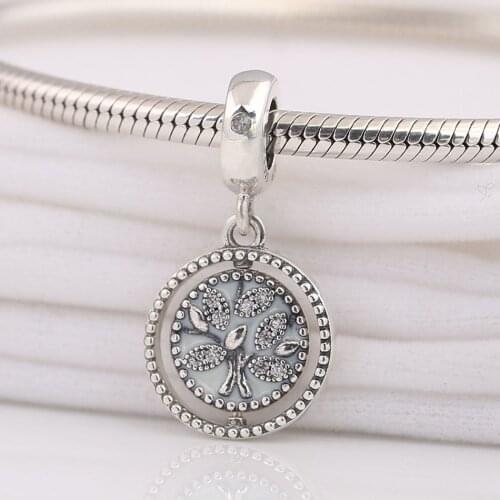 Authentic S925 Silver Spinning Tree of Life With Crystal Pendant Hanging Charm for Women Bracelet Bangle DIY Jewelry