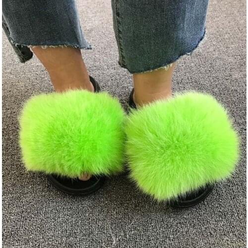 Hot Summer Women Fox Fur Slippers Real Fur Slides Female Indoor Flip Flops Casual Raccon Fur Sandals Furry Fluffy Plush Shoes