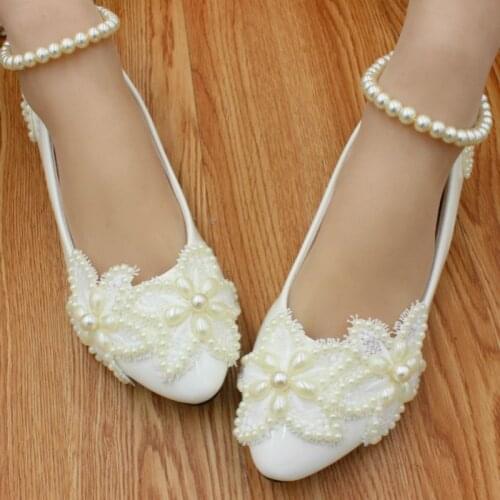 Wedding shoes bride flat heel ankle beading strap romantic elegant customized off white pearls bridal wedding shoes HS028
