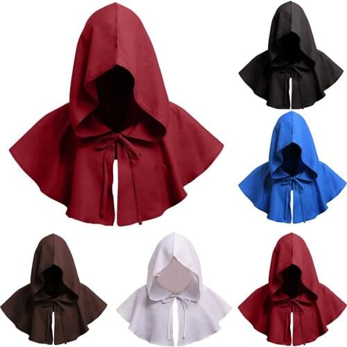 Unisex Adult Child Medieval Costume Hooded Cape Short Cloak Black White Blue Wine Red Brown Halloween Costumes Coat