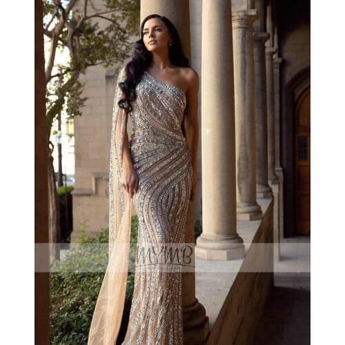 New Arrival Sparking Dubai Evening Fashion Dress One Shoulder Full Crystal Beaded Fitted Vintage Prom Party Gowns With Train