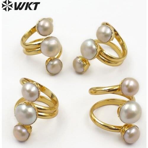 WT-R311 Amazing Design Three Random Size Freshwater Pearl Rings Smoothly Tiny Pearl With Gold Bezel Tension Mount Women Rings