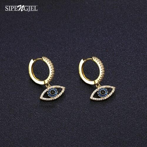 SIPENGJEL Lucky Turkis Eye Drop Hoop Earrings Elegant Blue Zircon Evil Eyes Pendant Hoop Earrings For Women Jewelry Gift 2021