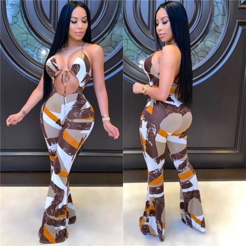 Hirigin Tie Dyeing Print Hollow Out Jumpsuit 2021 Sexy Women Off Shoulder V-neck Halter Lace-up Backless Flared Pants Rompers