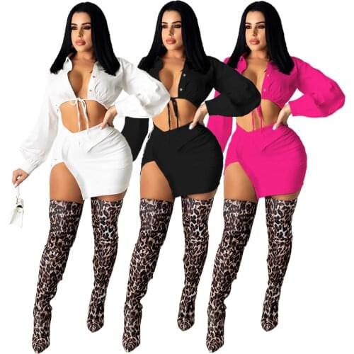 Women Lace Up Lace Up Two Piece Set Outfits Sexy Bandage Long Sleeve Shirt Crop Top + Slit Mini Skirts Matching Set Clubwear