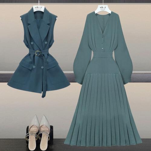 Women 2021 Spring Autumn Fashion Two-piece Suits Female New Solid Color Buttons Vest Ladies Loose Long Pleated Dress Sets M751