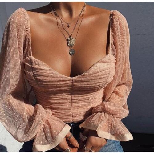 2021 womens new sexy chiffon mesh gauze dot-wrapped chest open navel top long-sleeve square collar black pink white short tops