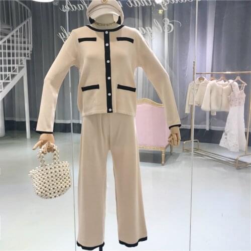 Amolapha Women Knit Sweater Tops Wide Leg Pants Set Buttons Long Sleeve Elegant Woman Autumn Winter Costumes Suits