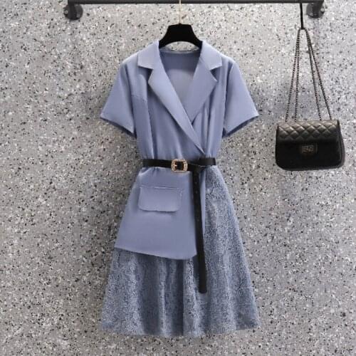 Womens Summer New Suit Dresses 2021 Vintage Female Suit Long Sleeve Casual Jacket Lady Lace Stitching Blazer Dress