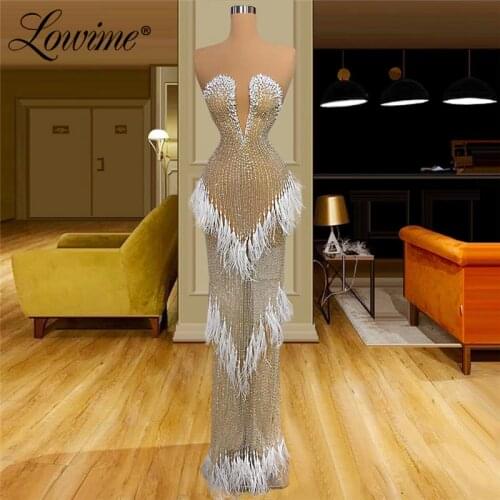 Elegant Women Formal Party Dress Beading Vestido de festa Saudi Arabia Dubai Evening Gown Arabic Feather Prom Dresses Long 2020