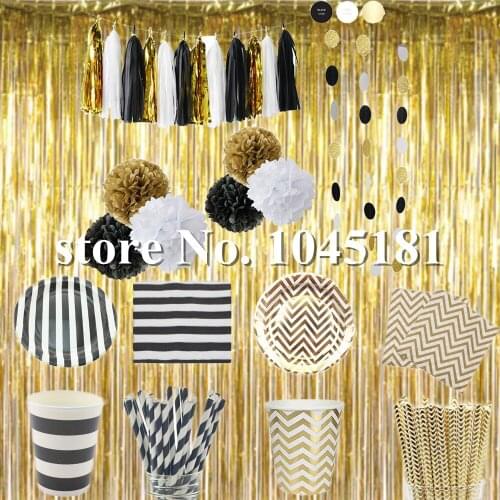 Black& Gold Foil Curtain Party Tableware Paper Plates Cups Straws Napkins Paper Flowers Tassel Garland for Decorations Supplies
