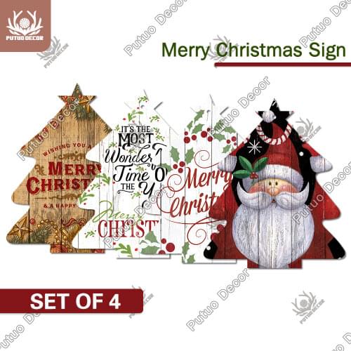 Putuo Decor 4PCS Christmas Tree Signs Wooden Plaque Hanging Signs Wood Plate Home Decor Gnome Xmas Tree Wall Decoration Gifts