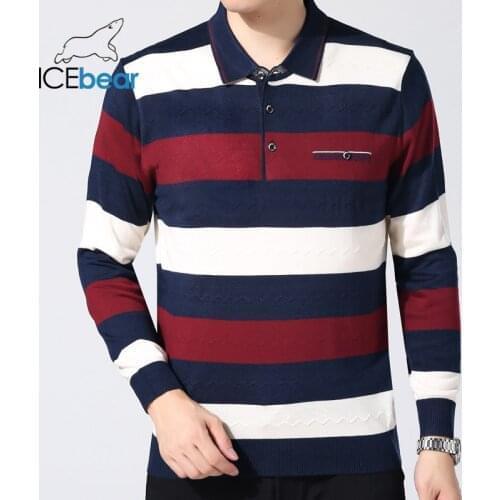 ICEbear 2021 new mens long-sleeved shirt collar sweater striped sweater fashionable mens clothing 1733