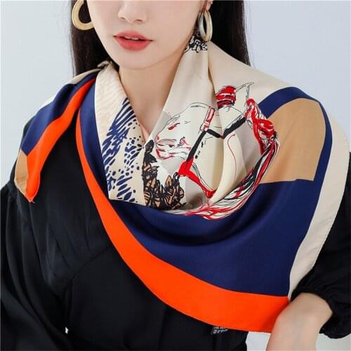 Bohemia Twill Floral Printing Square Hijab Silk Satin Scarf Women Headband Muslim Hair Tie Band Warp Shawls Female Handkerchief