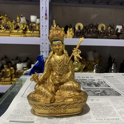 Wholesale Buddhist supplies Buddhism India Nepal HOME SAFE LUCK Gold-plated Guru Rinpoche Padmasambhava copper Buddha statue