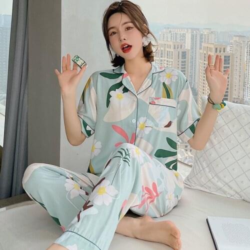 Summer Pajamas Women Short-sleeved Trousers Cotton Silk Suit Japanese Shirt Pajamas Sweet Plus Size Viscose Printed Home Service