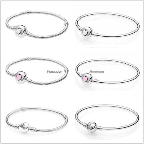 Authentic 925 Sterling Silver Bracelet Pink Wonderful Love Heart Clasp Snake Chain Bangle Fit Bead Charm Diy Fashion Jewelry