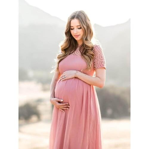 Sexy Summer Pregnant Lace Dress pink Women Front Long Maternity Short sleeve Lace Dress Gown Photography Prop Through Dresses