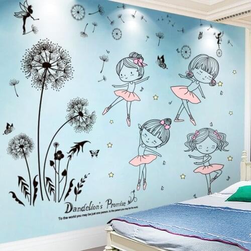 [shijuekongjian] Dandelions Flowers Wall Stickers DIY Ballet Girl Wall Decals for House Living Room Baby Bedroom Decoration