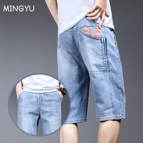 2021 New Summer Mens Denim Shorts Classic Blue Thin Section Fashion Slim Business Casual Jeans Knee Short Male 28-38
