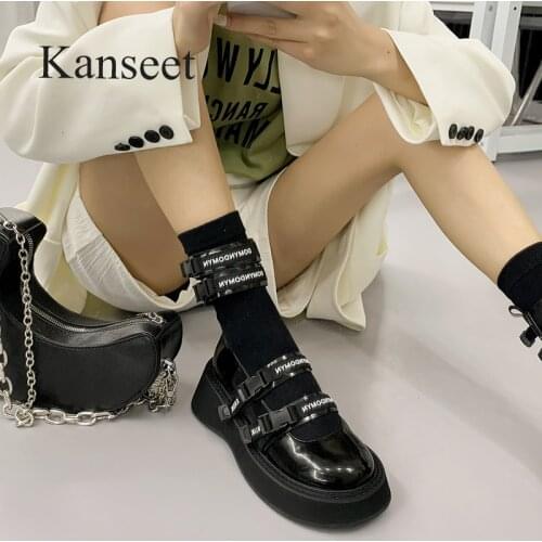 Kanseet Platform Thick Heels Womens Shoes 2021 Autumn New Round Toe Buckle Handmade Party Dress Women Pumps Black Plus Size 40