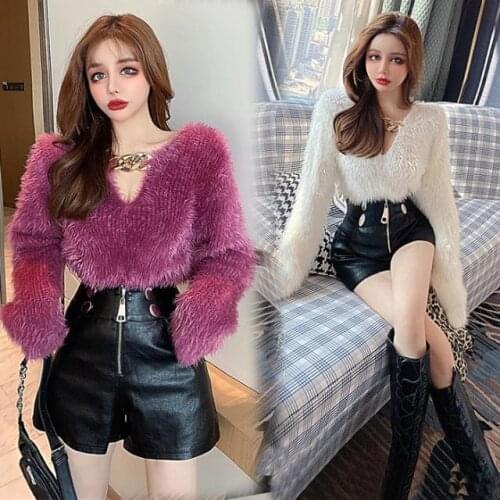 Women 2021 Spring Autumn Loose Casual V-neck Long Sleeve Pullovers and PU Leather Shorts Two Pieces Set Lady Slim Tracksuit C333