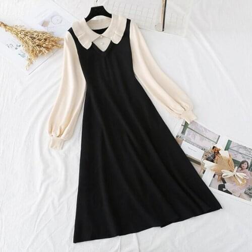 Autumn Winter Long Dress Women Elegant Lotus leaf collar Slim A-line Sweater Dresses Lantern sleeve Office Lady Knitted Dress