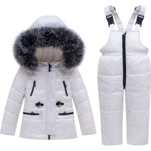 Baby Boy Girl Russia Winter Clothing Suit Big Fur Collor Zipper Down Jacket + Warm Bib Pants Suit Thicken Hoodies Sets Snow Wear