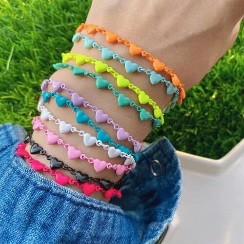 10PCS, Multi-color Chain Link Bracelets Love Heart Enamel For Women Simple Romantic Party Charm Fashion Jewelry