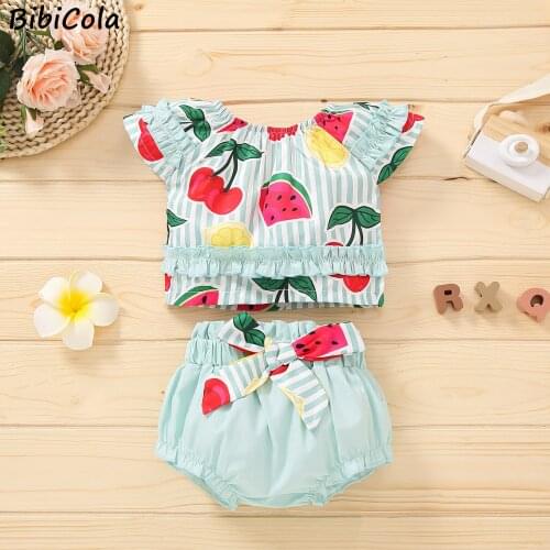 BibiCola Summer Girl Set Newborn Baby Girl Clothes Watermelon Top +Solid Color Shorts Summer Outfit Girls Bow Cartoon Set