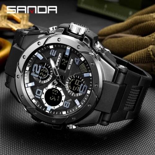 SANDA New Sports Mens Watches Military Quartz Dual Display Watch Men Waterproof S Shock Timing Male Clock relogio masculino