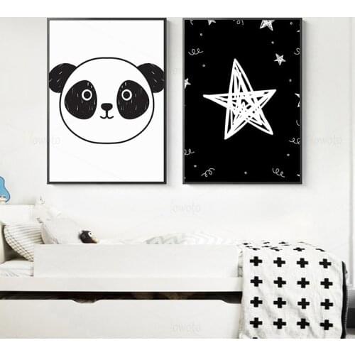 Little Panda Canvas Paintings In The Bedroom Black and White Star Heart Art Print Nursery Wall Art Pictures Kids Room Wall Decor