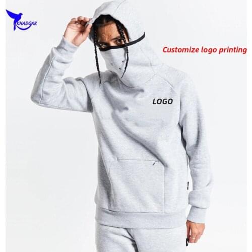 Custom LOGO Mens Solid Sports Hooded Sweatshirts With Face Mask Winter Cotton Long Sleeve Gym Fitness Running Hoodies 2020