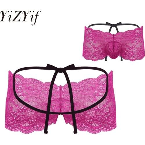 YiZYiF Boxer Men Open Crotch Underwear Boxershorts Gay Sissy Crotchless See Though Sheer Ruffle Lace Stretch Triangle Boxers