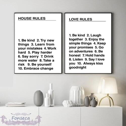 Home Rules Love Rules Wall Art Canvas Painting Modern Black White Letter Poster Decorative Pictures for Living Room Lover Gift