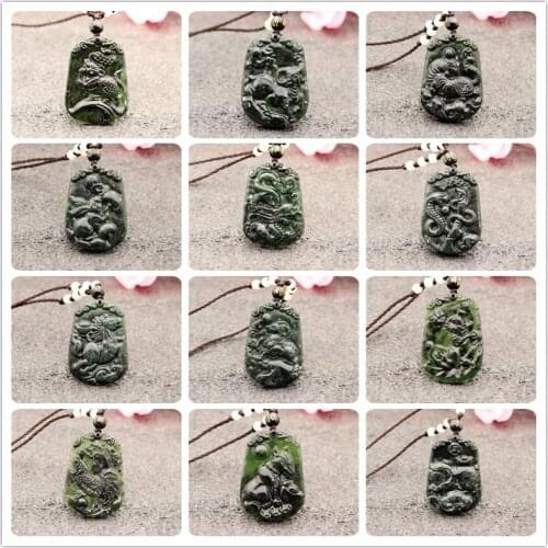 Natural Black Green Jade Chinese Zodiac Pendant Necklace Obsidian Charm Jewellery Accessories Hand-Carved Amulet Gifts for Women