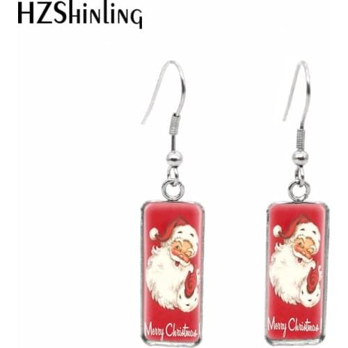 2020 New Merry Christmas Rectangular Earring Happy Santa Earrings Glass Cabochon Fish Hook Earring Jewelry Gifts Friends