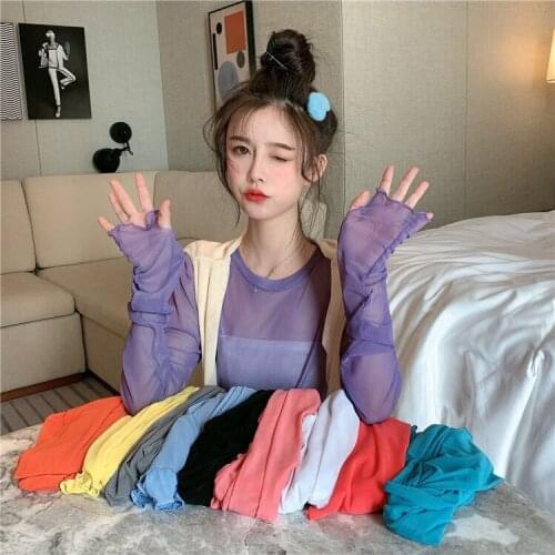 2021 Summer New Student Korean Version Of Loose Mesh See-through Long-sleeved T-shirt Womens Sun Protection Clothing
