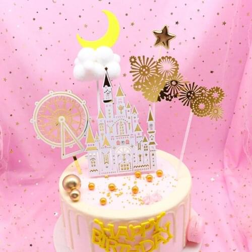New Happy Birthday Acrylic Cake Topper Castle Fireworks Celebartions New Year Cake Topper For Christmas Party Cake Decorations