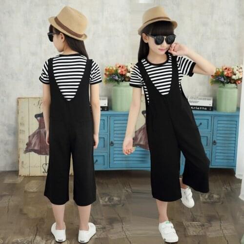 Teenagers Girls Clothes Set Summer Children White Black Striped T Shirt + Wide Leg Strap Pants Set Kids Girls Clothes 10 12 Year