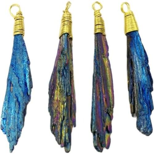 Natural Blue Color Kyanite Pendant Semi-precious Stone freeform Shape wire wrap Pendants Gold Color Fashion Women Jewelry