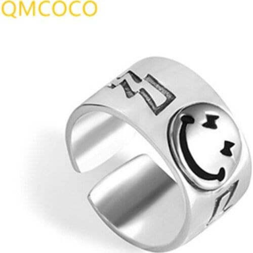 QMCOCO 925 Silver Punk Hip-Hop Personality Punk Smiling Fac Open Adjustable Ring For Women Man Party Jewelry Gifts