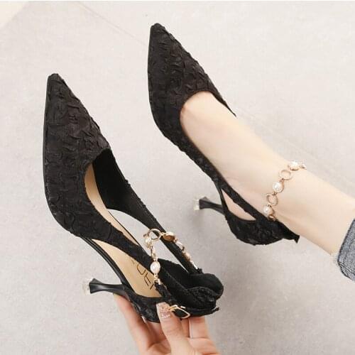 Plus Size 42/43 woman pumps pearl crystal buckle strap talons hauts pointed toe cut out stiletto high heels shoes women sandals